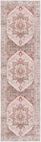 8' Ivory and Red Floral Medallion Distressed Non Skid Runner Rug