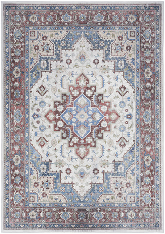 5' X 7' Ivory Red and Blue Medallion Distressed Non Skid Area Rug