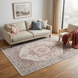 5' X 7' Red and Ivory Floral Medallion Distressed Non Skid Area Rug