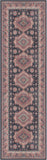 8' Navy Blue and Red Medallion Distressed Non Skid Runner Rug