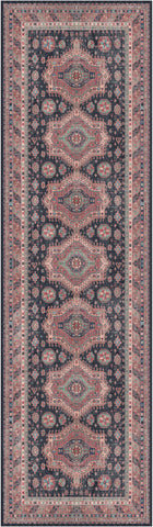 8' Navy Blue and Red Medallion Distressed Non Skid Runner Rug