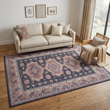 5' X 7' Navy Blue and Red Medallion Distressed Non Skid Area Rug