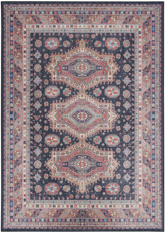 5' X 7' Navy Blue and Red Medallion Distressed Non Skid Area Rug