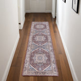 8' Blue and Red Floral Medallion Distressed Non Skid Runner Rug