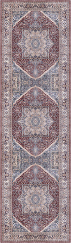 8' Blue and Red Floral Medallion Distressed Non Skid Runner Rug