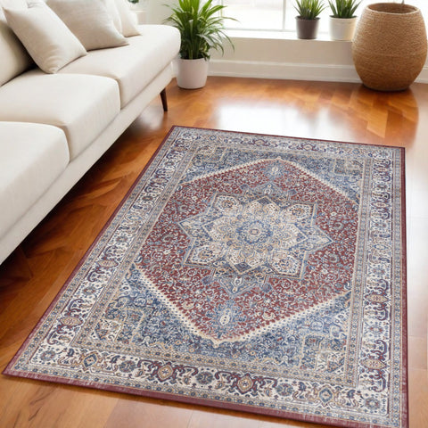 5' X 7' Blue and Red Floral Medallion Distressed Non Skid Area Rug