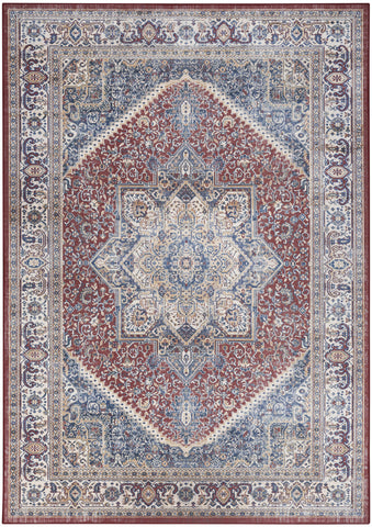 5' X 7' Blue and Red Floral Medallion Distressed Non Skid Area Rug