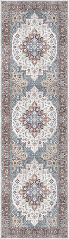8' Ivory Red and Blue Medallion Distressed Non Skid Runner Rug