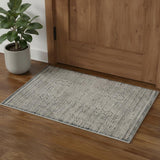 3' X 5' Ivory And Blue Geometric Distressed Area Rug With Fringe