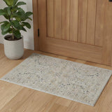 3' X 5' Ivory Tan And Light Blue Oriental Distressed Area Rug With Fringe