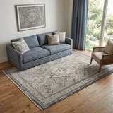 5' X 8' Ivory And Charcoal Medallion Distressed Area Rug With Fringe