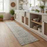 8' Ivory And Slate Gray Oriental Distressed Runner Rug With Fringe