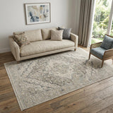 5' X 8' Ivory Black And Taupe Medallion Distressed Area Rug With Fringe