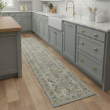 8' Beige And Blue Floral Medallion Distressed Runner Rug With Fringe
