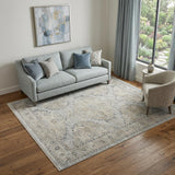 5' X 8' Beige And Blue Floral Medallion Distressed Area Rug With Fringe