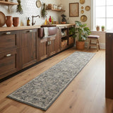 8' Navy Blue Yellow And Ivory Oriental Distressed Runner Rug With Fringe