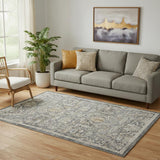 5' X 8' Navy Blue Yellow And Ivory Oriental Distressed Area Rug With Fringe