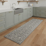 8' Gray And Ivory Floral Distressed Runner Rug