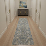 10' Charcoal Brown And Ivory Floral Distressed Runner Rug With Fringe
