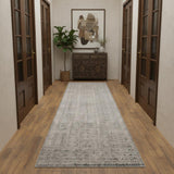 10' Ivory And Blue Geometric Distressed Runner Rug With Fringe