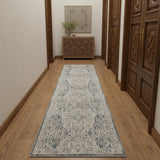 10' Ivory And Charcoal Medallion Distressed Runner Rug With Fringe