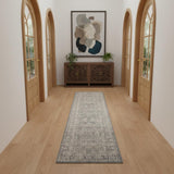 10' Ivory And Slate Gray Oriental Distressed Runner Rug With Fringe