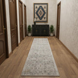 10' Ivory Black And Taupe Southwestern Distressed Runner Rug With Fringe