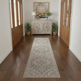 10' Ivory Black And Taupe Medallion Distressed Runner Rug With Fringe