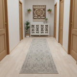 10' Ivory And Gray Medallion Distressed Runner Rug With Fringe