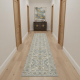 10' Ivory Tan And Light Blue Floral Medallion Distressed Runner Rug With Fringe