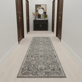 10' Navy Blue Yellow And Ivory Oriental Distressed Runner Rug With Fringe