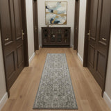 10' Slate Gray Brown And Ivory Floral Distressed Runner Rug With Fringe