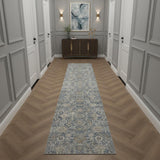 12' Charcoal Brown And Ivory Floral Distressed Runner Rug With Fringe