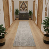12' Ivory And Blue Geometric Distressed Runner Rug With Fringe