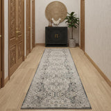 12' Ivory And Charcoal Medallion Distressed Runner Rug With Fringe