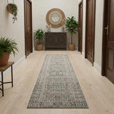 12' Ivory And Slate Gray Oriental Distressed Runner Rug With Fringe