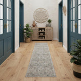 12' Ivory Black And Taupe Floral Distressed Runner Rug With Fringe