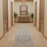 12' Ivory Black And Taupe Medallion Distressed Runner Rug With Fringe