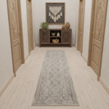 12' Ivory And Gray Medallion Distressed Runner Rug With Fringe