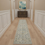 12' Ivory Tan And Light Blue Floral Medallion Distressed Runner Rug With Fringe