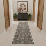 12' Navy Blue Yellow And Ivory Oriental Distressed Runner Rug With Fringe