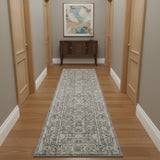 12' Slate Gray Brown And Ivory Floral Distressed Runner Rug With Fringe