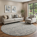 8' Charcoal Brown And Ivory Floral Distressed Round Rug With Fringe