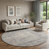 8' Ivory And Blue Geometric Distressed Round Rug With Fringe