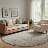 8' Ivory And Slate Gray Oriental Distressed Round Rug With Fringe