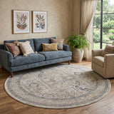 8' Ivory And Gray Medallion Distressed Round Rug With Fringe