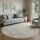 8' Ivory Tan And Light Blue Floral Medallion Distressed Round Rug With Fringe