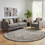 8' Navy Blue Yellow And Ivory Floral Distressed Round Rug With Fringe