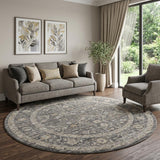 8' Slate Gray Brown And Ivory Floral Distressed Round Rug With Fringe