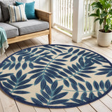 4' Navy Blue And Ivory Round Botanical Leaves Indoor Outdoor Area Rug